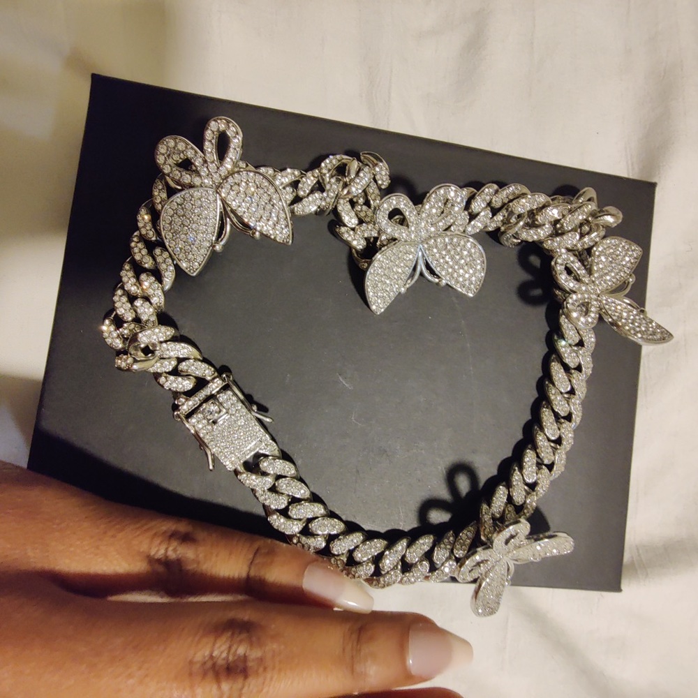 Necklace Set, Rhinestone Cuban Link, Butterfly - Picture 5 of 9